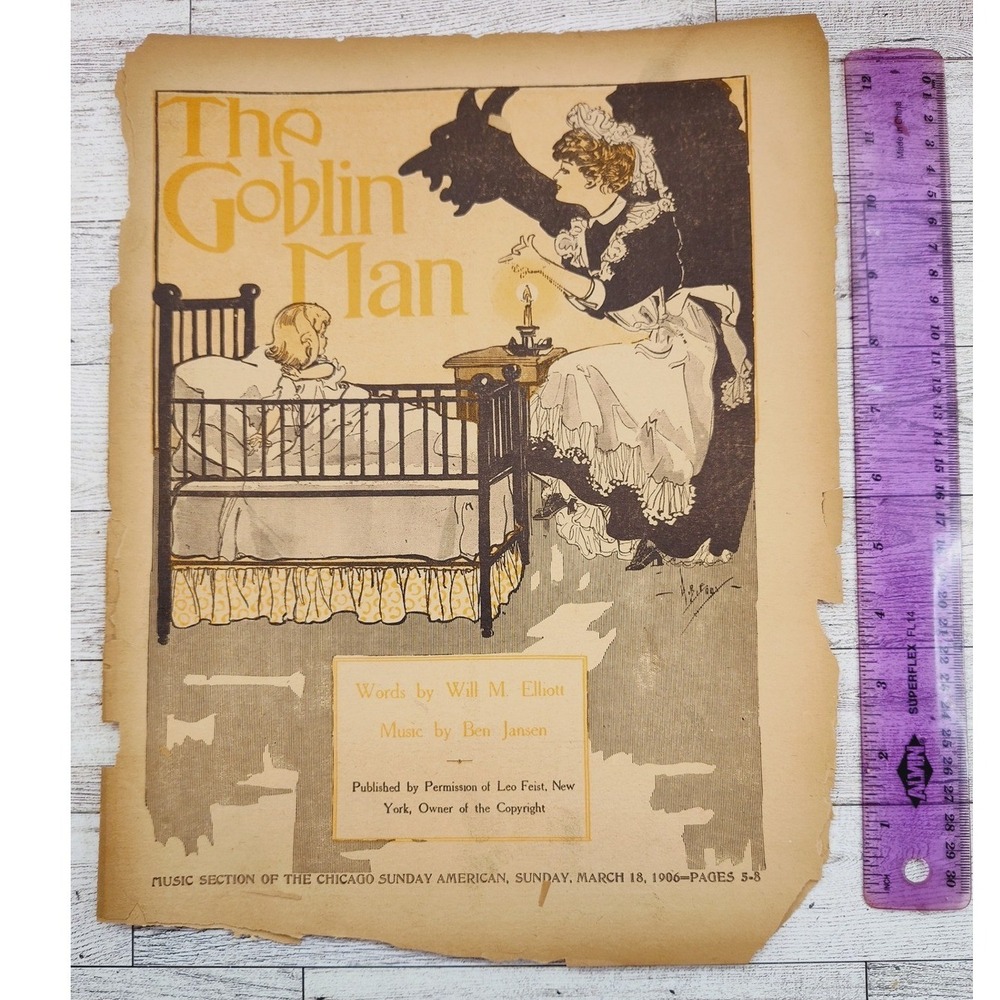1906 The Goblin Man Sheet Music Gothic Nursery Shadow Illustration‎ Piano Vocal